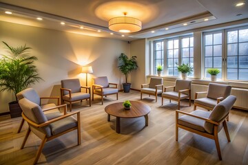 Fototapeta premium Comfy Chairs And A Coffee Table In A Room With Big Windows And Plants