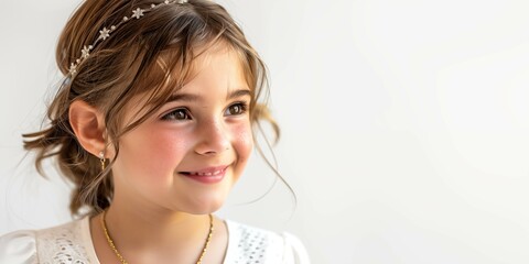Girl in White Communion Dress with Styled Hair and Hair Accessories on a Light Background. Banner with Copyspace. Shallow Depth of Field
