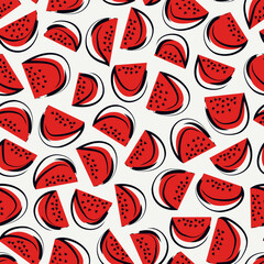 Red ripe juicy watermelon pieces seamless pattern. Summer fruits slices freehand background. Hand drawn simple ornament. Sketch, doodle style funny print. Organic natural vegan, healthy food wallpaper