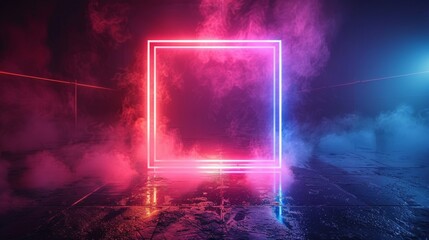 Obraz premium A vibrant neon square illuminates a hazy room in a futuristic, atmospheric scene