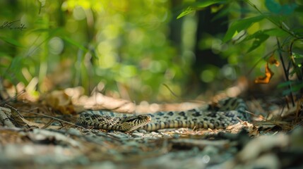 Gopher snake moving stealthily through the undergrowth of the forest