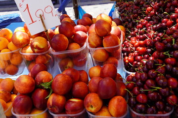 Apricots, nectarines and cherries in a street fruit stand in Greece