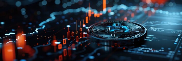 Close-up image of a Bitcoin with a detailed background of stock market analysis in blue tones