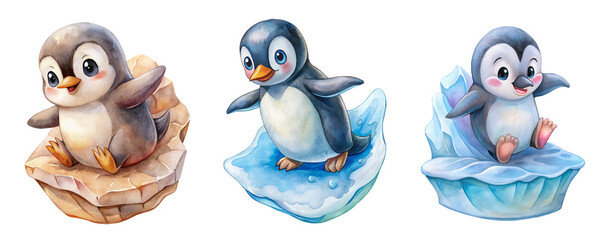 Fototapeta premium Collection of Watercolor Penguin Illustrations Sliding Down Icebergs in Playful Scenes