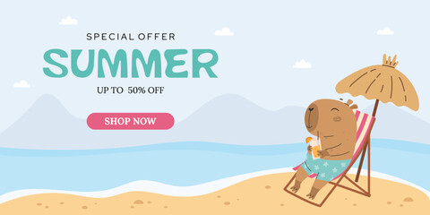 Summer sale banner with cute capybara