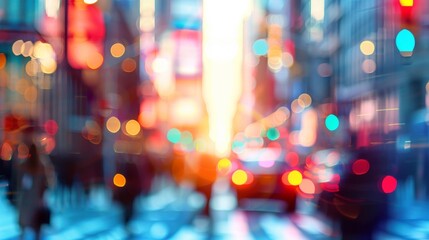Vibrant bokeh background showcasing the constant rush and movement of city streets with blurred shapes of people and cars at different speeds. .