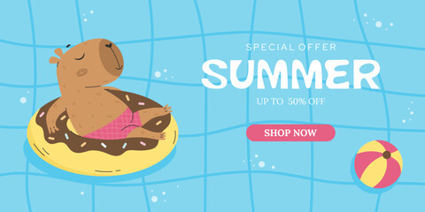 Blue swimming pool with capybara sunbathing banner