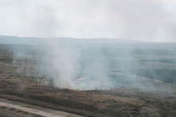 Aerial view Fire in the forest burning trees and grass