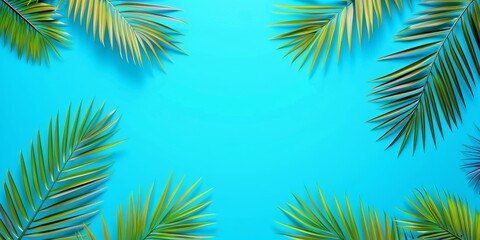 Obraz premium Top view of a tropical palm leaf on a blue background, perfect for minimalistic summer visuals.