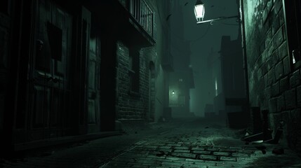 Fototapeta premium A dimly lit alleyway dd in shadow and mystery with eerie silhouettes lurking in the background. .