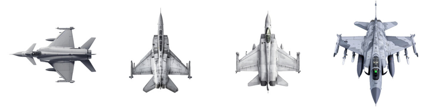 JAS 39 Gripen isolated on transparent png background. Four fighter jets are shown in a row, with the first one being a fighter jet
