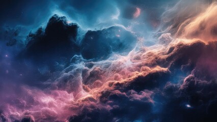 captures a cosmic landscape filled with swirling nebulae