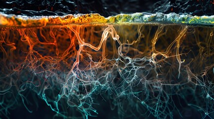 A mesmerizing visualization of a plant's intricate root system architecture, showcasing the branching patterns of primary, secondary, and tertiary roots, along with delicate root hairs