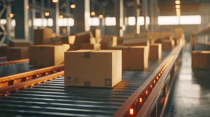 A closeup 3Drendered image displays cardboard boxes on a conveyor in a modern distribution warehouse ready for shipping to customers highlighting the cargo freight transportation