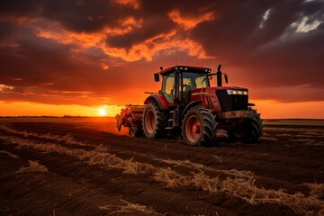 Tranquil Tractor field spraying sunset. Nature harvest. Generate Ai