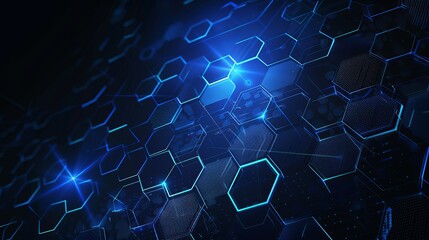 Obraz premium A dark blue hexagonal technology vector abstract background is illustrated featuring blue bright energy flashes under hexagons in a modern technology futuristic design