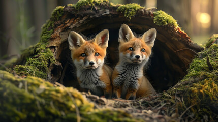 Obraz premium Photorealistic image of two fox cubs in a den