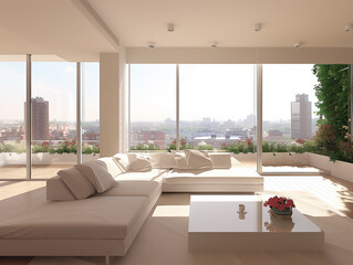 Fototapeta premium Interieur: Wohnung, weißes Sofa, Terrasse, Fenster vom Boden bis zur Decke, minimalistisch