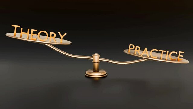 3d animation of practice and theory in balance; a scale and words practice and theory