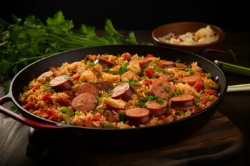 Flavorful Traditional jambalaya. Cooking food meal. Generate Ai