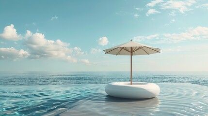Obraz premium A minimalistic realistic display podium is depicted in a 3D render against a blue ocean sea background featuring elements like a tropical summer island umbrella and inflatable ring