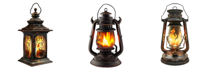 set of spooky lantern with a flickering flame isolated on transparent background