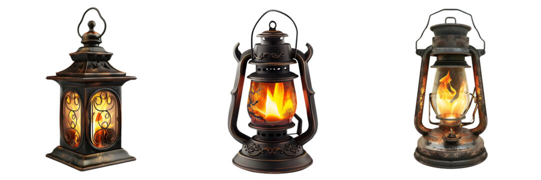 set of spooky lantern with a flickering flame isolated on transparent background