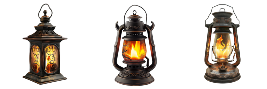 set of spooky lantern with a flickering flame isolated on transparent background