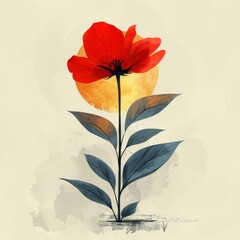 Minimalist illustration of a red flower with green leaves against a beige background, with an abstract yellow circle behind the bloom.