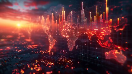 Vibrant abstract representation of financial markets with glowing data points, depicting a global network and digital information flow in red and orange hues, against a dark background.