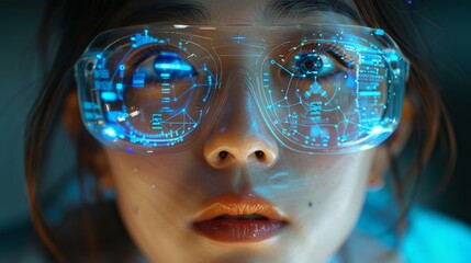 Young scientist in a high-tech laboratory using augmented reality glasses, with futuristic digital interfaces and holographic displays, emphasizing innovation and technology.