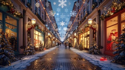 Fototapeta premium A snowy street with Christmas decorations and people walking