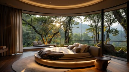 Fototapeta premium Atmospheric contemporary bedroom, round bed and outdoor view, skay