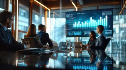 A professional setting featuring a team in a boardroom, engaged in a presentation with a large screen displaying financial graphs