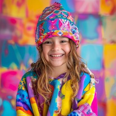 Fototapeta premium A joyful child dressed in vibrant, colorful clothing, smiling with a background full of bright, cheerful patterns