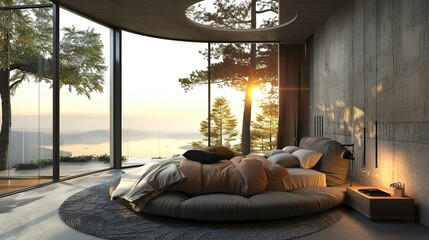 Fototapeta premium Atmospheric contemporary bedroom, round bed and outdoor view, skay
