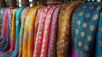 A selection of vibrant silk saris with intricate patterns neatly displayed in a row at a retail store