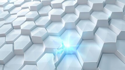 A white 3D hexagonal technology vector abstract background is illustrated featuring blue bright energy flashes under hexagons in a modern technology futuristic design against a white