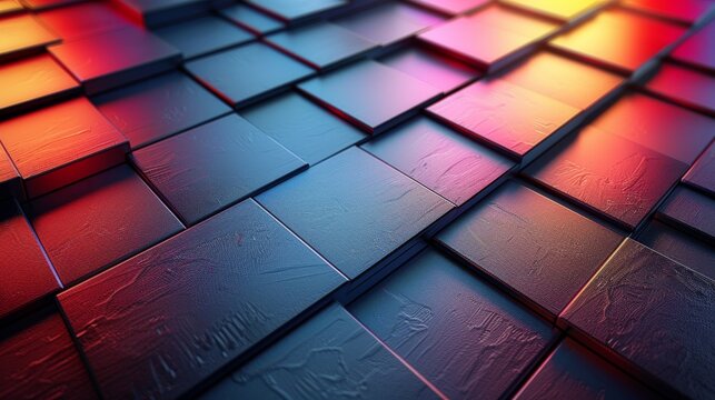 Close-up of textured square tiles with a smooth red and blue gradient effect, suitable for abstract backgrounds and designs