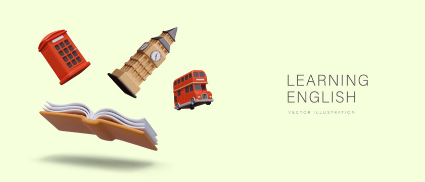 Fun concept of learning English. Color horizontal layout in trendy 3D style