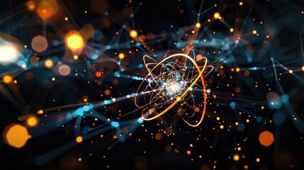 Atom with vibrant orange pathways circling a central nucleus, depicted on a dark backdrop.