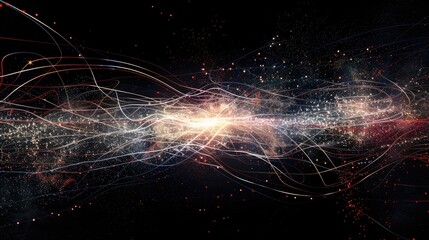Particle collision. Bright, intense burst of energy. Bright and colorful particle tracks. Dark background.