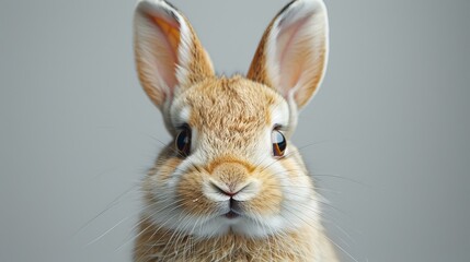 Fototapeta premium Close-up portrait of a cute bunny with expressive eyes and detailed fur texture against a grey background
