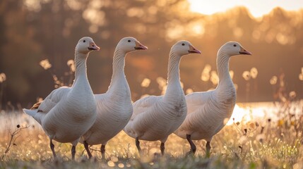 Obraz premium Four geese walking in line with beautiful sunset lighting in a pastoral scene