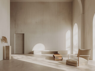 Ein Foto eines minimalistischen Innenraums mit klaren Linien, schlichten Möbeln und einem monochromen Farbschema. In einem diffusen Licht.