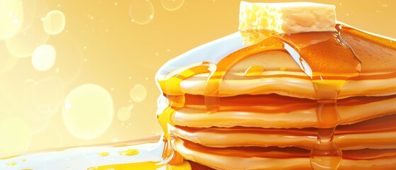pancakes with maple syrup, soft, fluffy with a golden hue, an inviting breakfast
