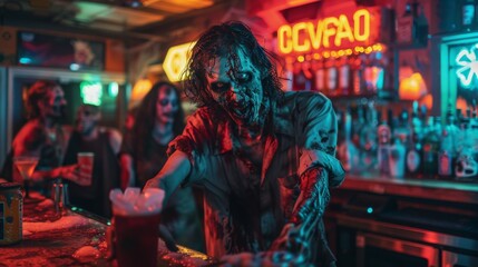 Obraz premium A zombie bartender serving drinks to other zombies in a spooky neon dimly lit bar. Halloween banner
