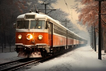 Obraz premium Serene Train winter snow. Road forest rail. Generate Ai