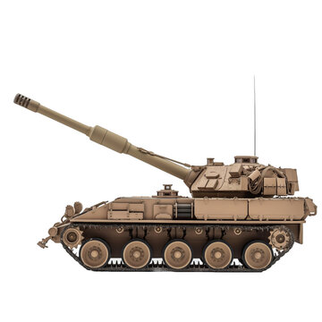 M109 Paladin self-propelled howitzer isolated on transparent png background. A large, tan tank with a long barrel and a small antenna on top