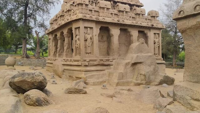 Exclusive Monolithic - Five Rathas or Panch Rathas are UNESCO World Heritage Site located at Great South Indian architecture. World Heritage in South India, Tamil Nadu, Mamallapuram or Mahabalipuram.	